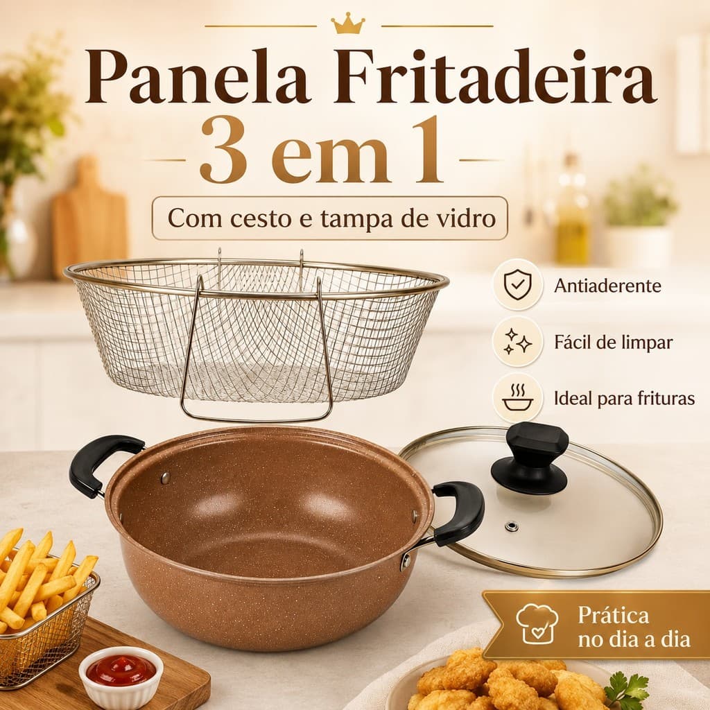Fritadeira Panela 28 cm com Cesto Inox e Tampa de Vidro para Batata Frango e Petiscos