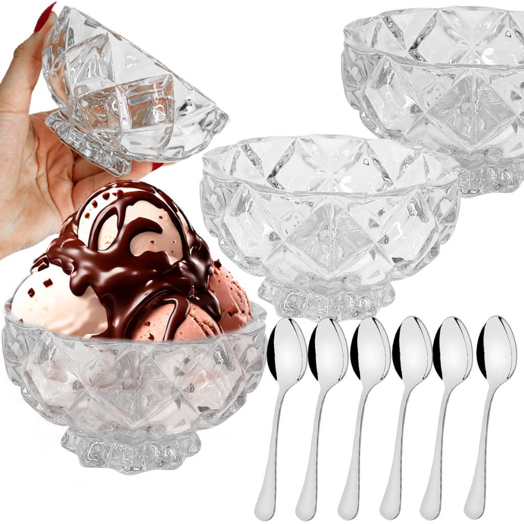 Kit 6 Peças Taças Sobremesa Vidro Bico Jaca Diamond Abacaxi 250ml Colheres Inox Cristal Retrô Elegante