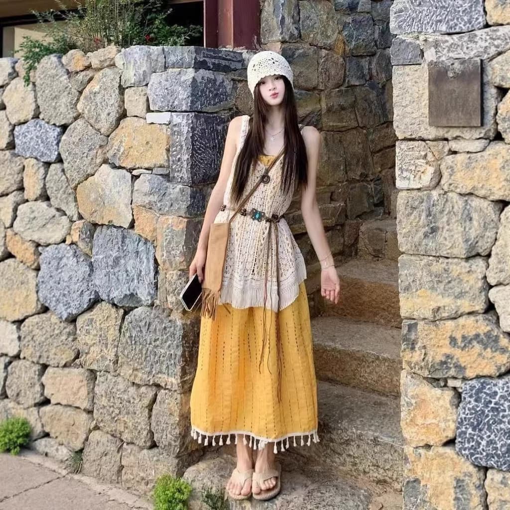 Terno estilo férias: vestido estilingue com franjas estilo coreano blusa oca em camadas feminina verão