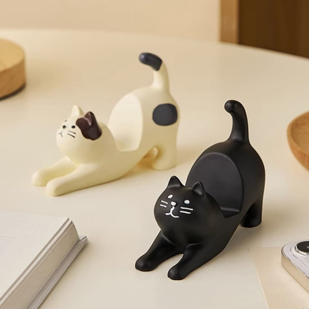 Gato alongamento suporte do telefone resina bonito gatinho titular do cartão preto branco telefone móvel Tablet titular