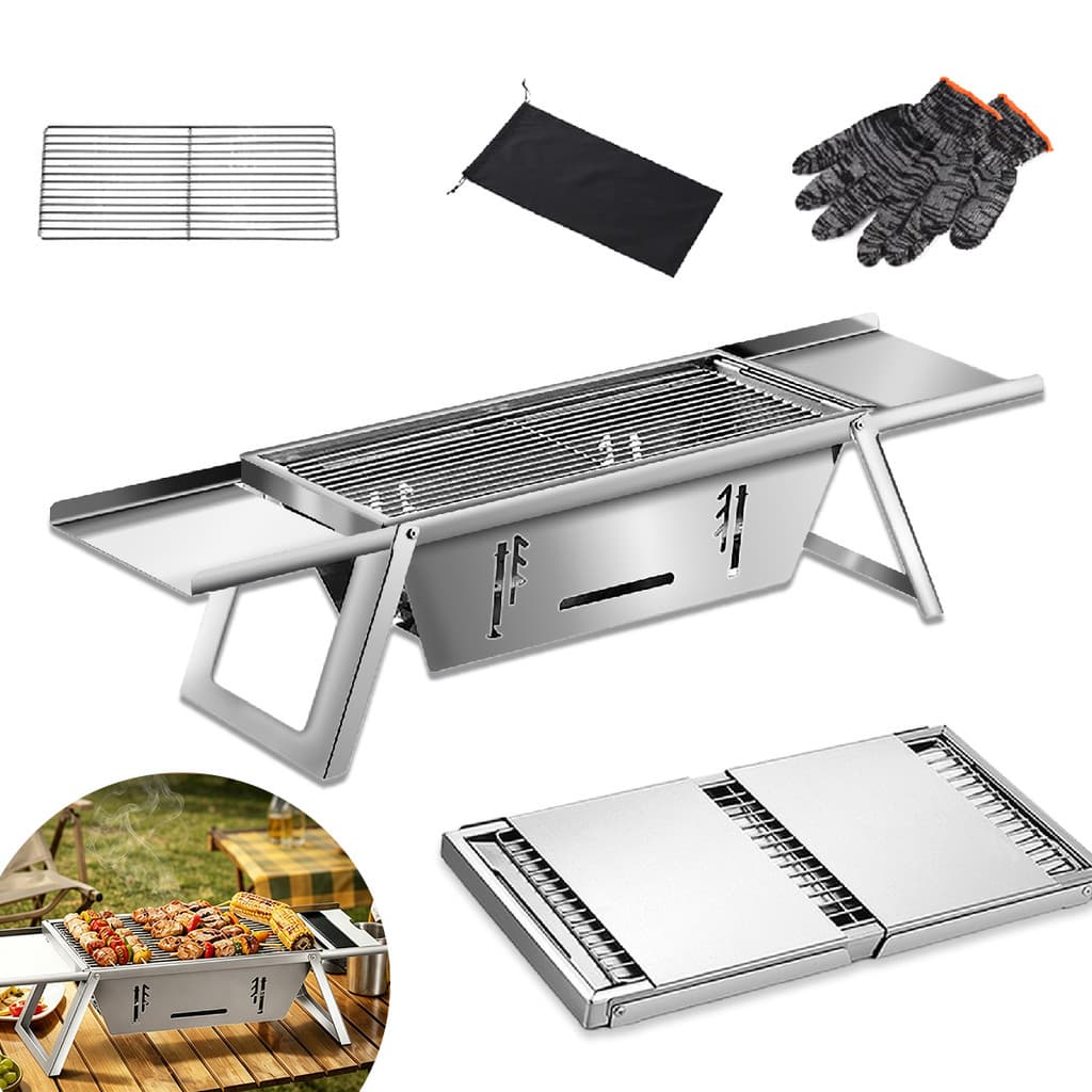 Churrasqueira a Carvão Portátil em Inox Desmontável Ideal Para Mesa, Sacada, Pesca e Camping
