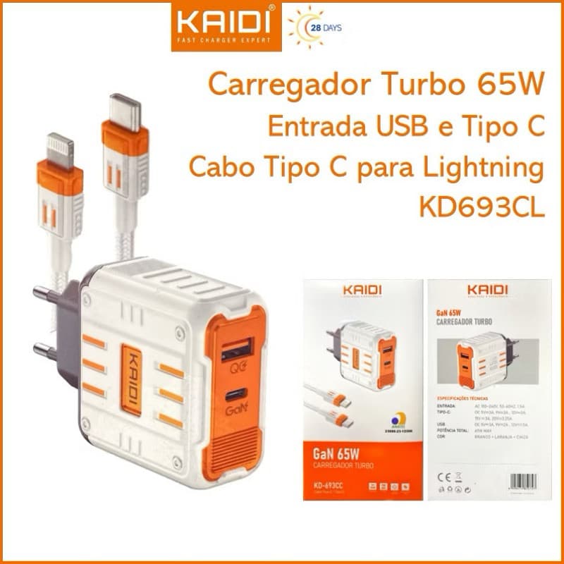 Carregador de Tomada Fonte Turbo 65W Tipo-C e USB com cabo Tipo C para Tipo C KAIDI KD-693CC/693CL IOS para tipoc