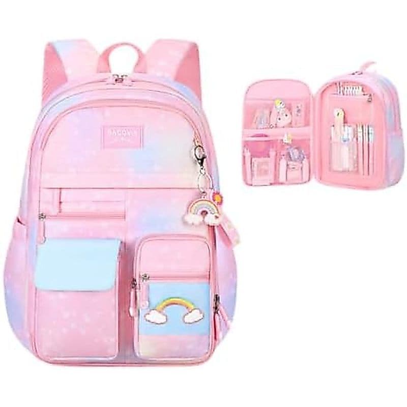 Mochila Infantil Gradiente Arco-Íris Para Meninas , Escola Primária , Estampa De Coração , Rosa , Bolsa Livros Com Vário