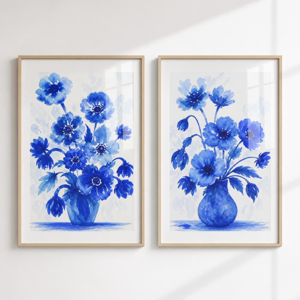 Kit 2 Quadros Decorativos Porcelana Azul Floral Cozinha e Sala Com Moldura e Vidro