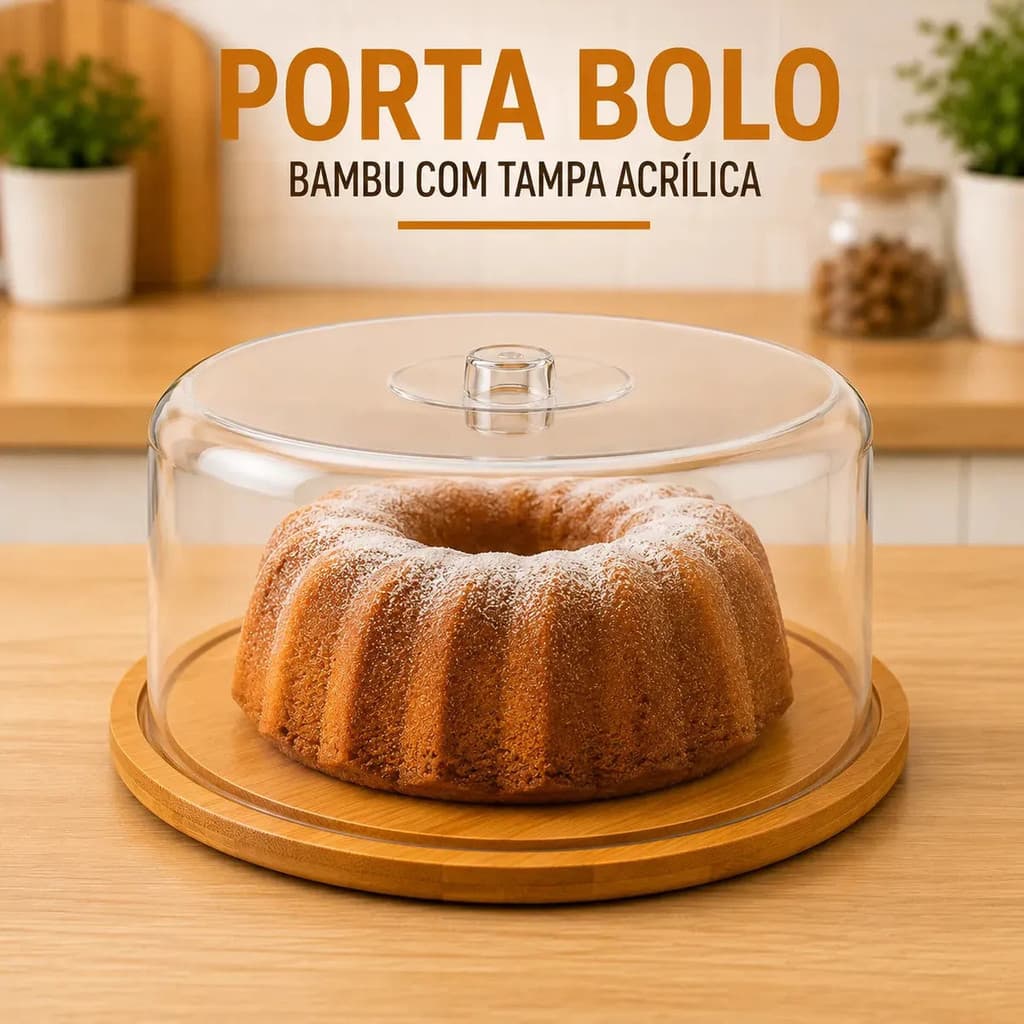 Porta Bolo com Tampa Acrílica Transparente Base de Bambu Redonda Ideal para Bolos Tortas Doces Pães Sobremesas Pítia