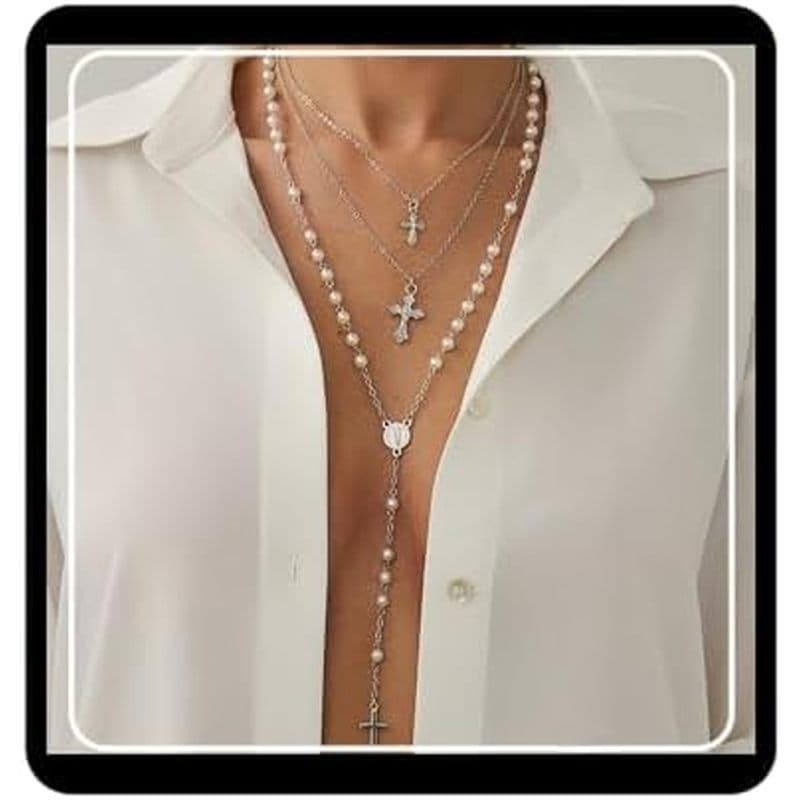 Conjunto De Colar De Corrente De Pérolas Em Camadas Doubnine , Pingente De Cruz Banhado A Prata , Detalhes Y Lariat , 4