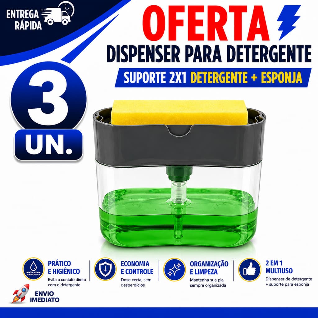 ORGANIZADOR DISPENSER DETERGENTE SABÃO LÍQUIDO PORTA ESPONJA MULTIUSO
