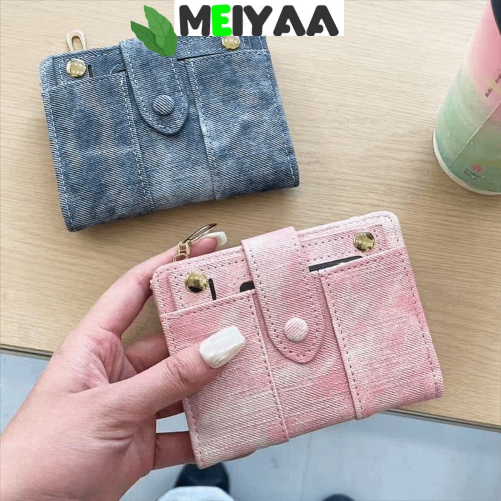 Carteira Porta-Cartões MEIYAA , Dupla De Couro PU Com Fecho De Pressão , Bolsa Curta Textura Jeans Bolso Zíper