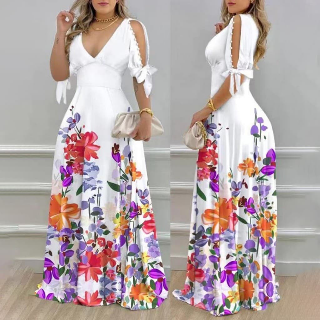 Vestido Slim Fit Com Estampa Floral E Decote Em V – Feminino Elegante Para Várias Ocasiões