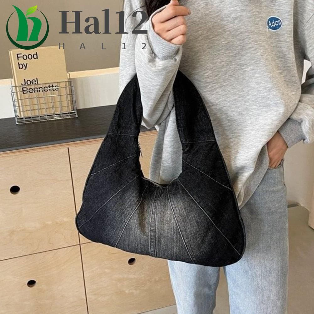 Bolsa HALB , De Ombro Jeans Lavada Com Zíper Liso Em Forma De Crescente Hobo De Tecido Jean De Grande Capacidade