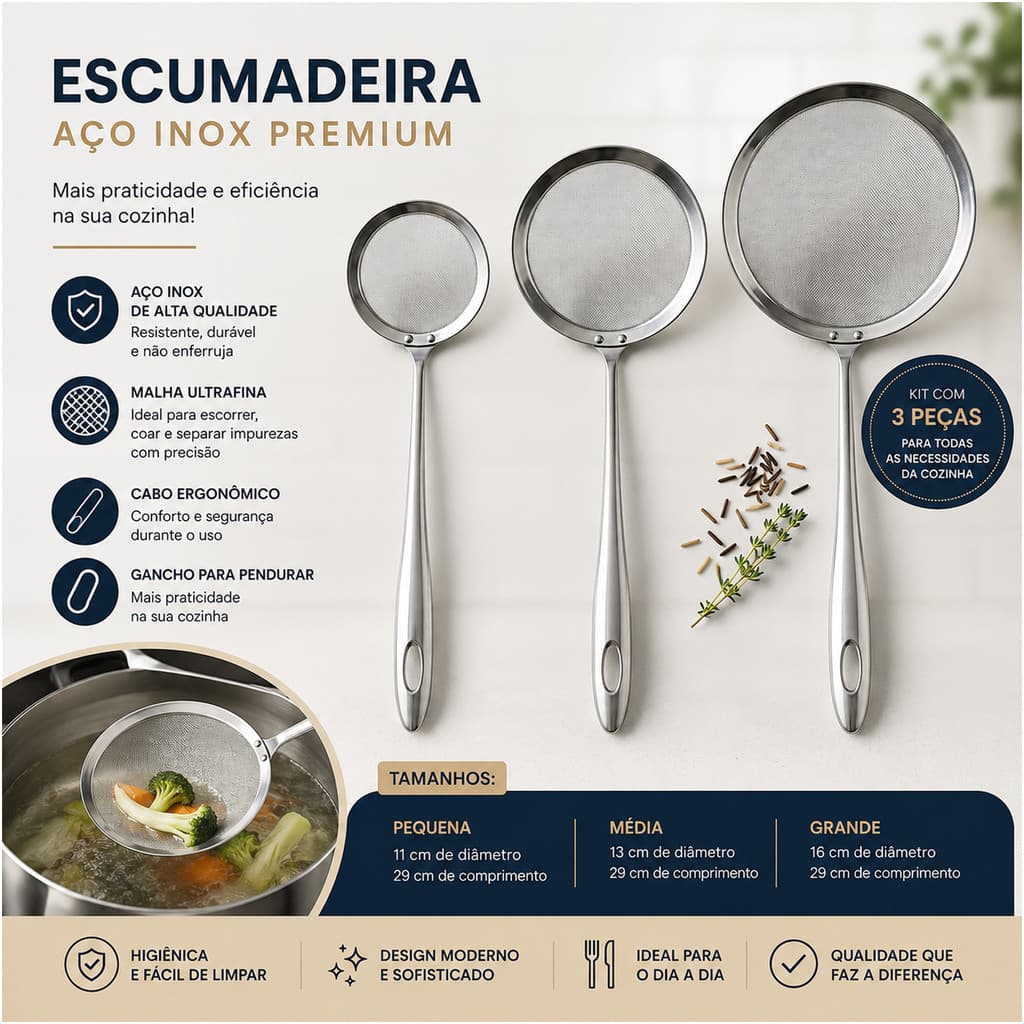 Escumadeira Inox Premium Aço Inoxidável Malha Fina Cabo Longo