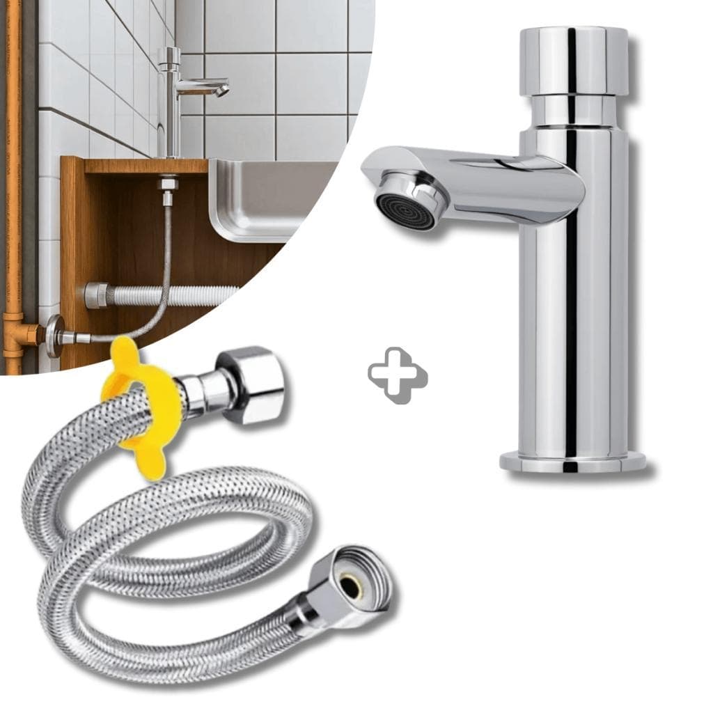 Kit Torneira Automática Cromada de Bancada + Engate Flexível Aço Inox Trançado 60cm Bruen