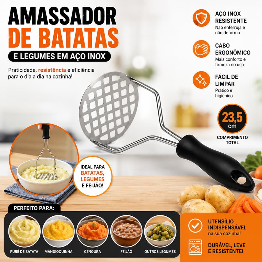Amassador de Batatas Aço Inox Espremedor Manual de Legumes Feijão Purê Cabo Ergonômico Reforçado
