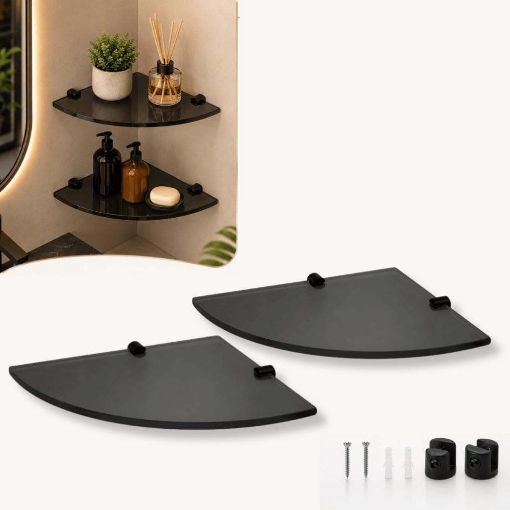 Kit 2 Prateleiras de Vidro Fumê com Suporte Preto Fosco para Banheiro e Cozinha