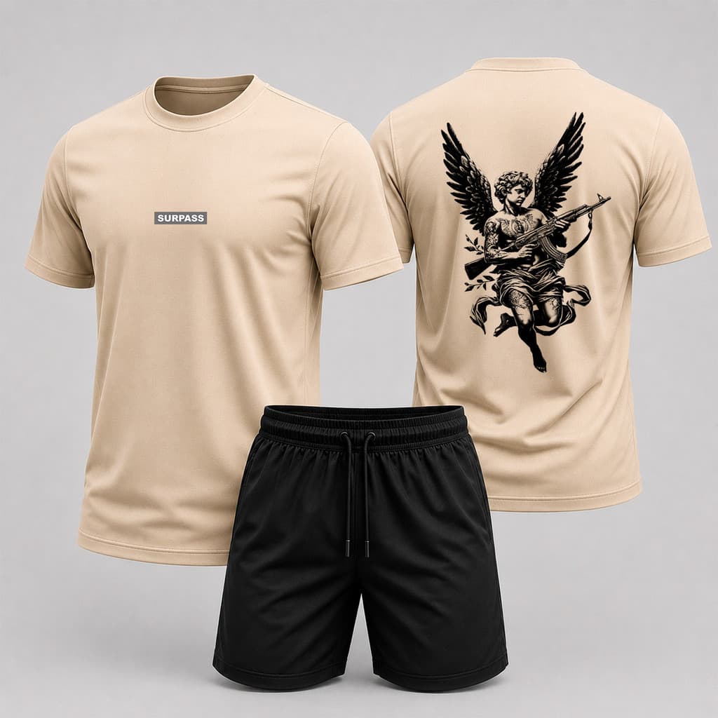 Kit camiseta estampada streetwear masculina de algodão penteado + bermuda tactel