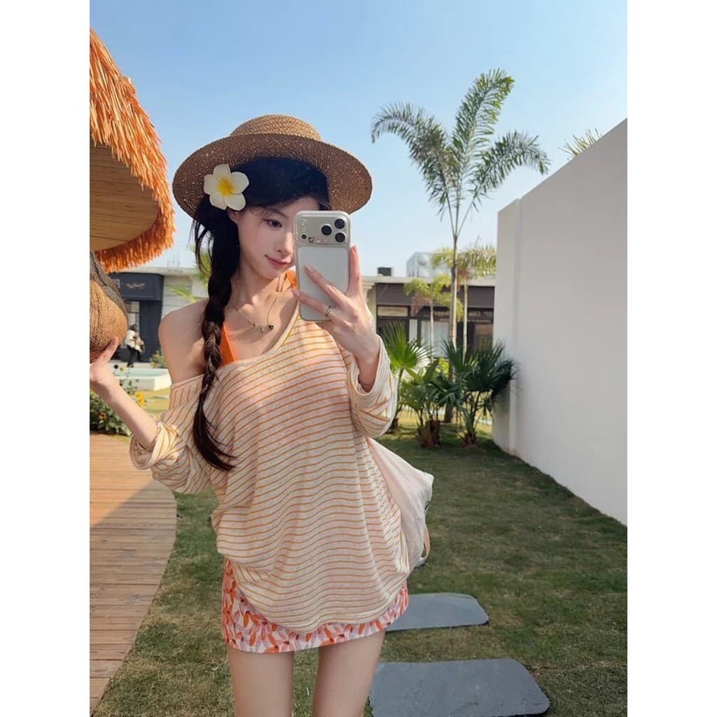 Estilo coreano primavera contraste cor listrado manga comprida camiseta feminina