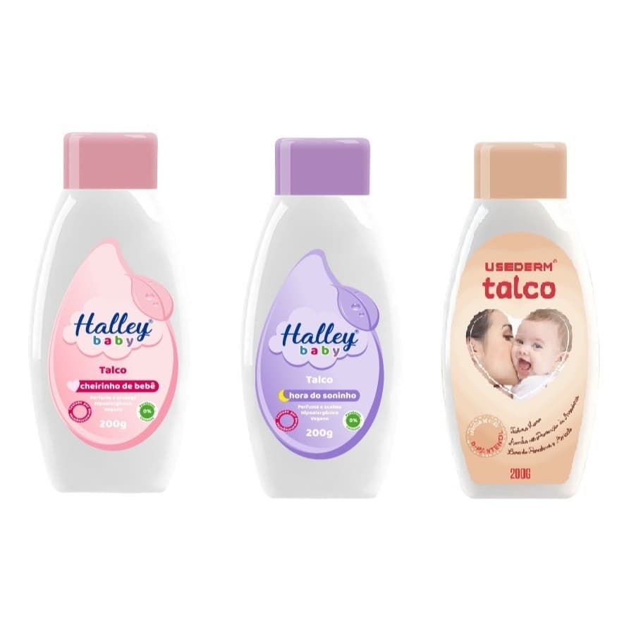Talcos Halley Baby Kit com 3 / 1 Cheirinho de Bebê Rosa 1 Hora do Soninho 1 Usederm com D-Pantenol 200g cada