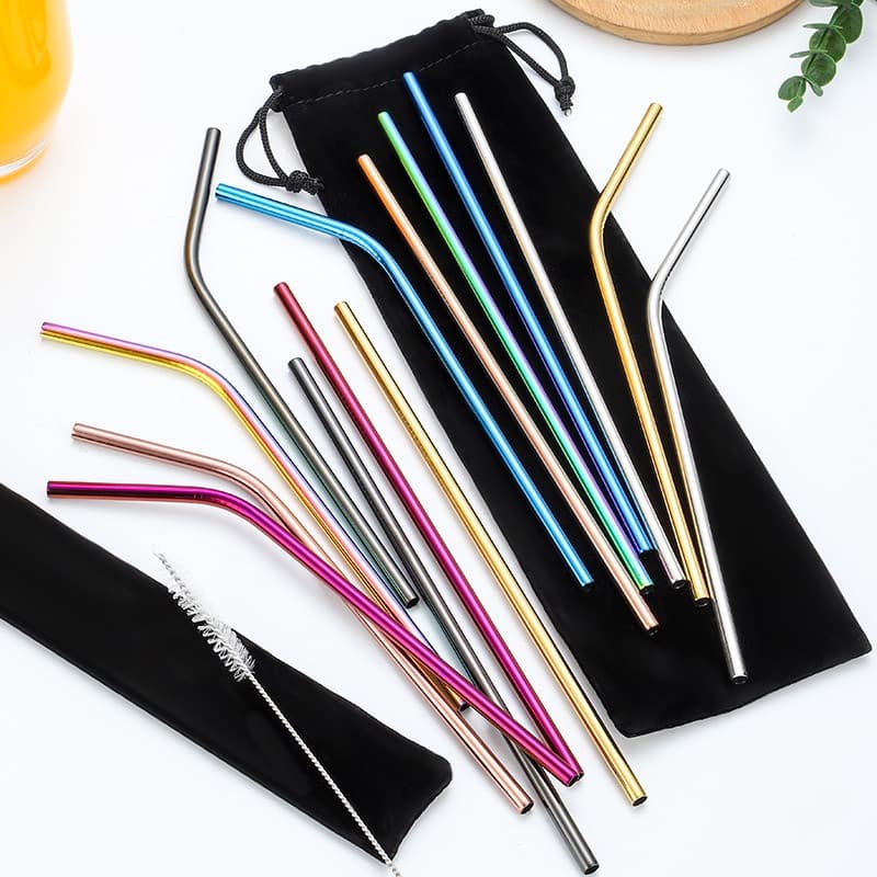 Canudos de Metal Reutilizáveis de Aço Inoxidável - Retos, Curvos, Tipo Escova, com Bolsa de Armazenamento