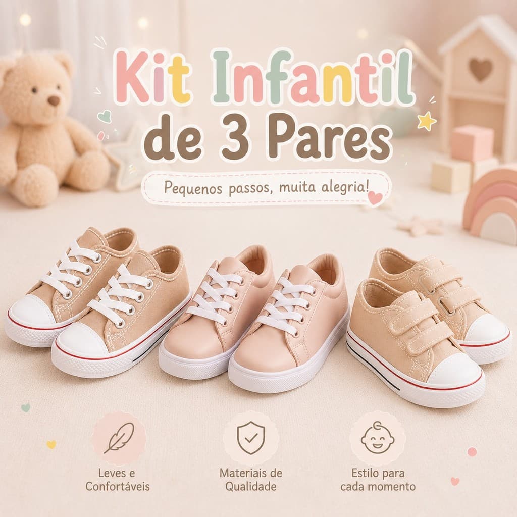 Lindo Kit 3 Pares Tênis Infantil Masculino feminino Unissex casual Escolar Pequenos Passos