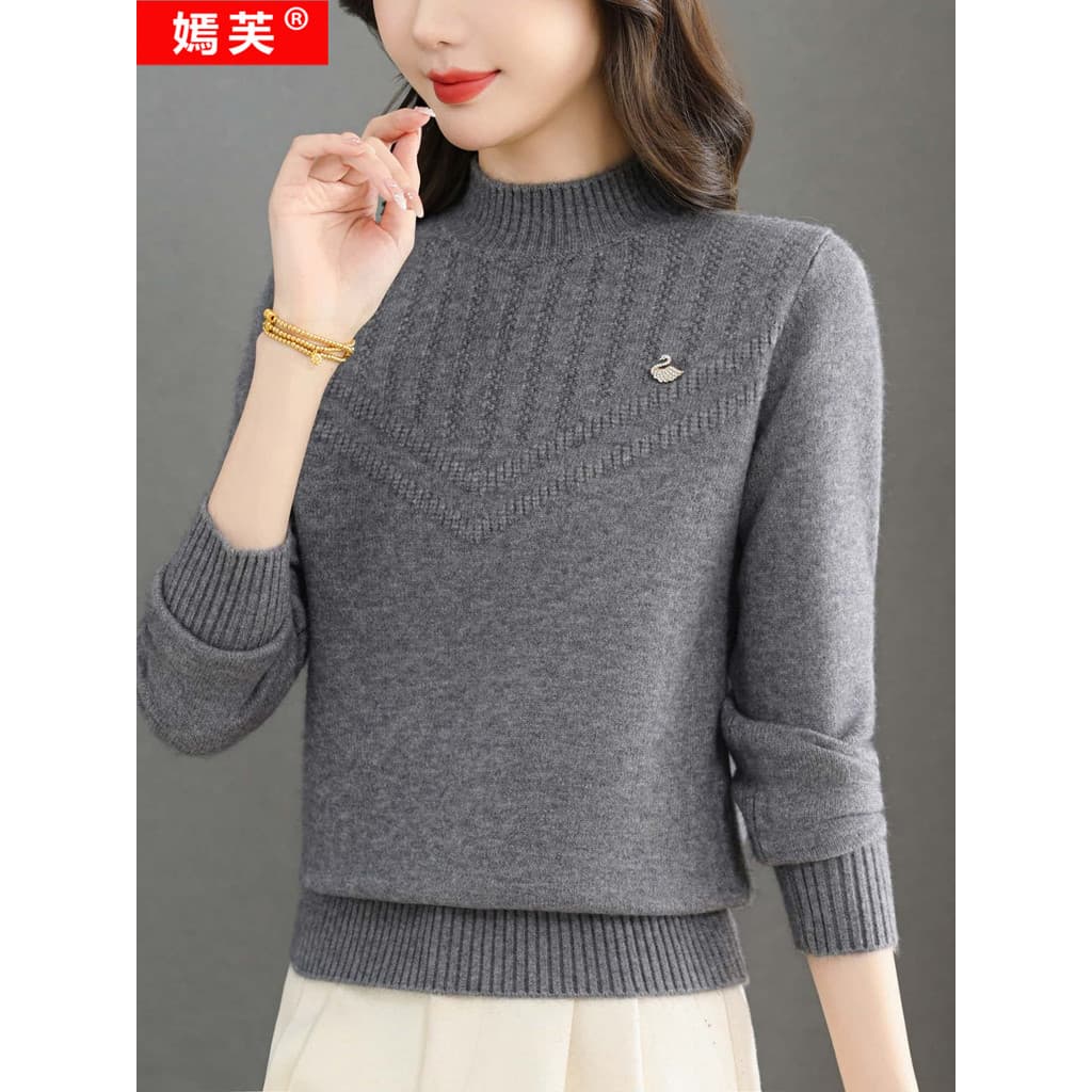 Yanfu cor sólida All-Match malhas outono inverno meia gola alta camisola quente moda camisa de fundo elegante senhoras c