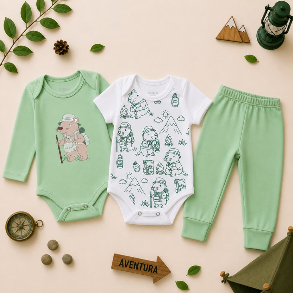 Kit Body Bebê 3 peças Capivara, Body Manga Longa, Body Manga Curta e Calça Roupas de Bebê Conjunto Bebê Camping Capivara