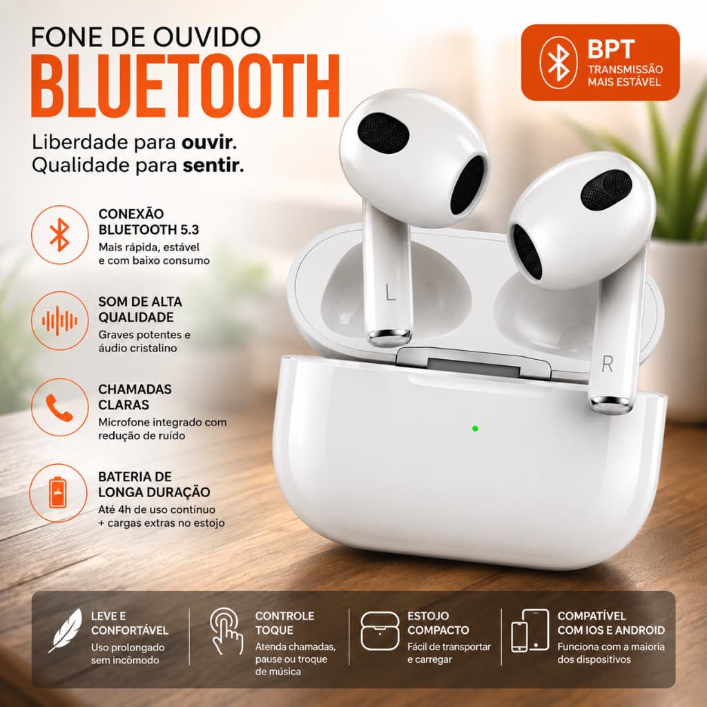 Fone De Ouvido Bluetooth Sem Fio Microfone Integrado Modelo Air 4 Pro Versão 5.4 Sem Borrachinha Para iOS e Android