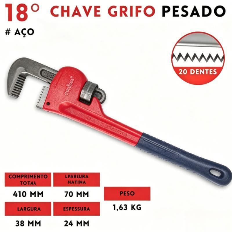 Chave Grifo Profissional Aço Reforçado Ajustável, Alta Resistência para Encanamento e Tarefas Pesadas, 41cm, Esp. 2,4cm