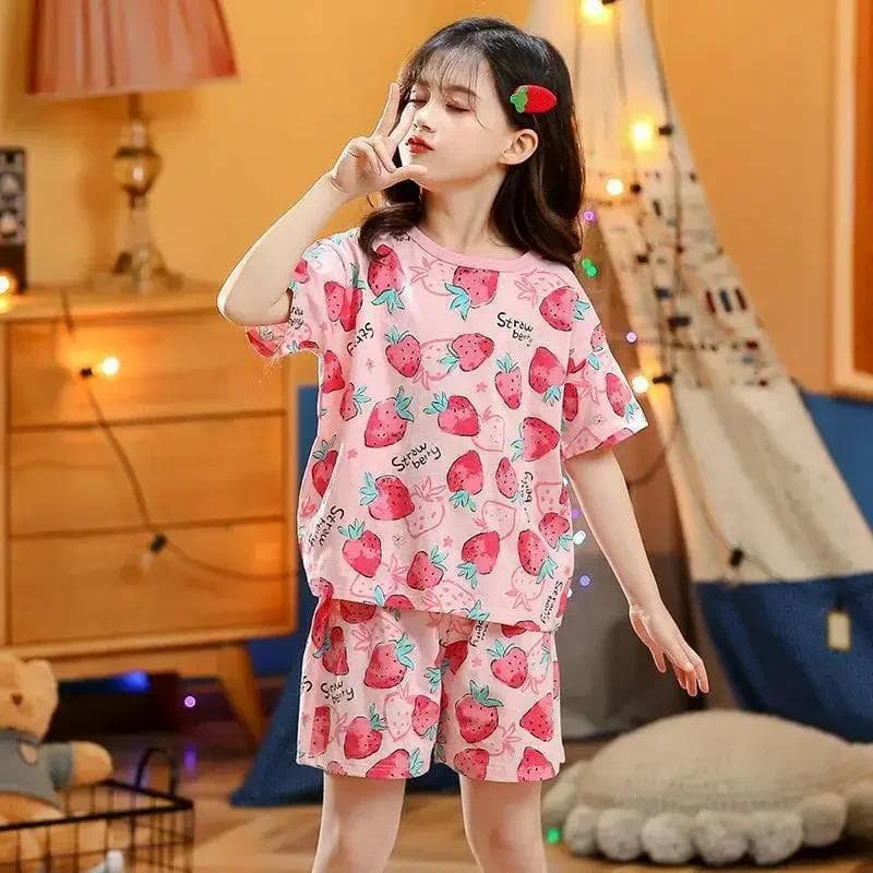 Verão Morango Pijamas Para O Bebê Crianças Manga Curta Infantis 100 % Algodão Conjunto Meninos Meninas Roupas 6 8 10 Y