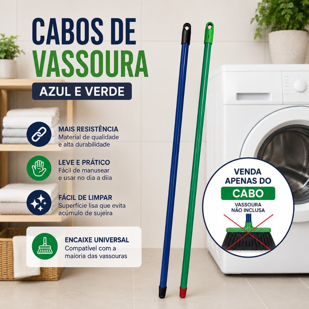 Cabos de madeira para Vassoura, Rodo, Mop e Esfregão com Rosca Universal – Resistente e Leve