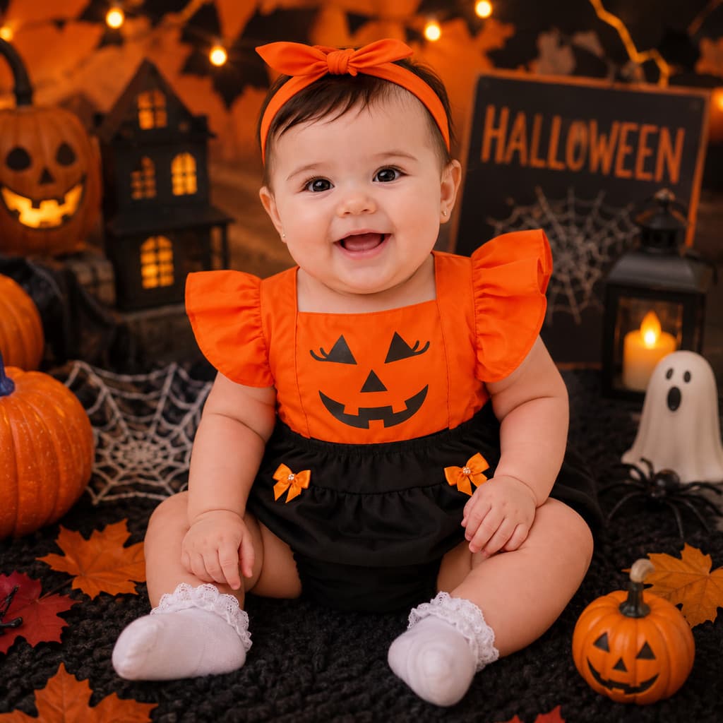 Romper Vestido Bebê Halloween Abóbora Menina Fantasia Body Curto com Faixa