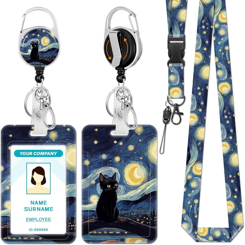 Hancynir Cordões para Crachás de Identificação, Porta-Crachá Noite Estrelada com Clipe Retrátil, Cordão de Chaveiro para