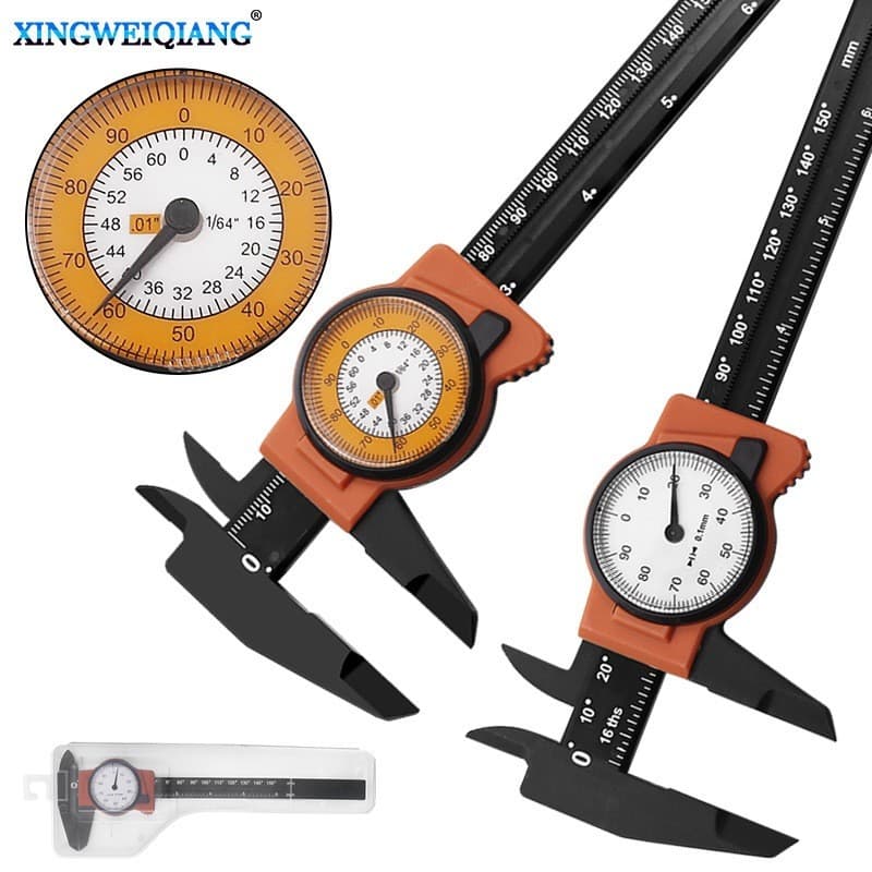 Paquímetro graduado de 0-150mm (0-6 polegadas), equipado com uma caixa de armazenamento de plástico em formato de relógi