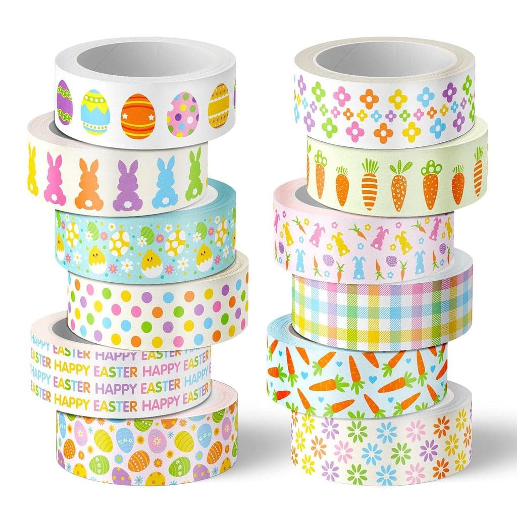 AnyDesign 12 Rolos de Fita Washi para Páscoa, Conjunto de Fitas Decorativas Coloridas com Coelhinhos, Ovos e Flores para