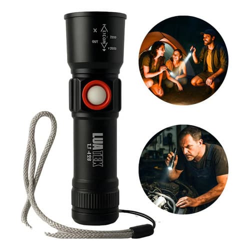 Lanterna Tática LED Luatek LT429 5000lm Recarregável USB Zoom Preto 400m 18650 3 Modos Pesca Camping
