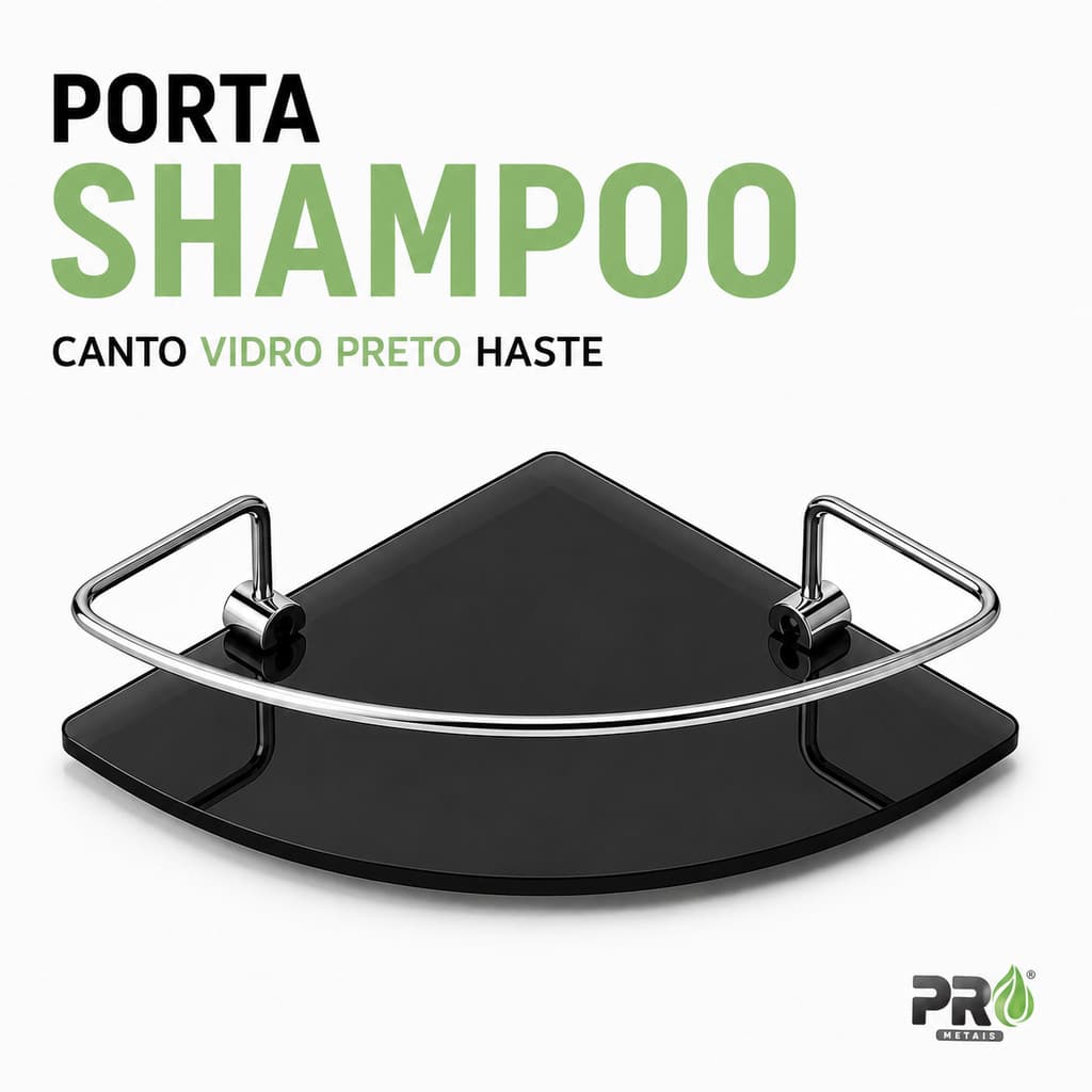 Porta Shampoo Para Banheiro Suporte De Vidro 6mm Fumê Canto Preto Com Cromado Anti Ferrugem