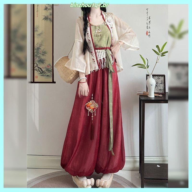 Chunyige Original Hanfu feminino bloomers estilo chinês mais magro olhar camisa curta estilingue novo estilo chinês diár