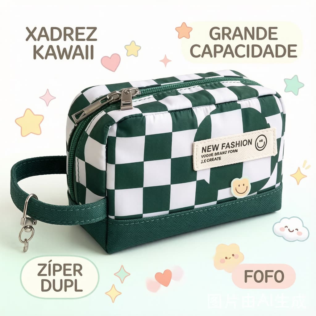Estojo Xadrez Verde com Grande Capacidade para Lápis, Canetas e Maquiagem