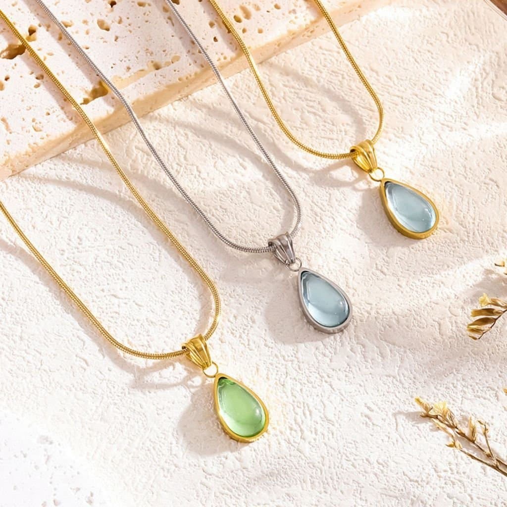 Luz francesa luxo transparente verde gota de água azul oceano 18k titânio aço colar jóias feminino retro sereia lágrimas