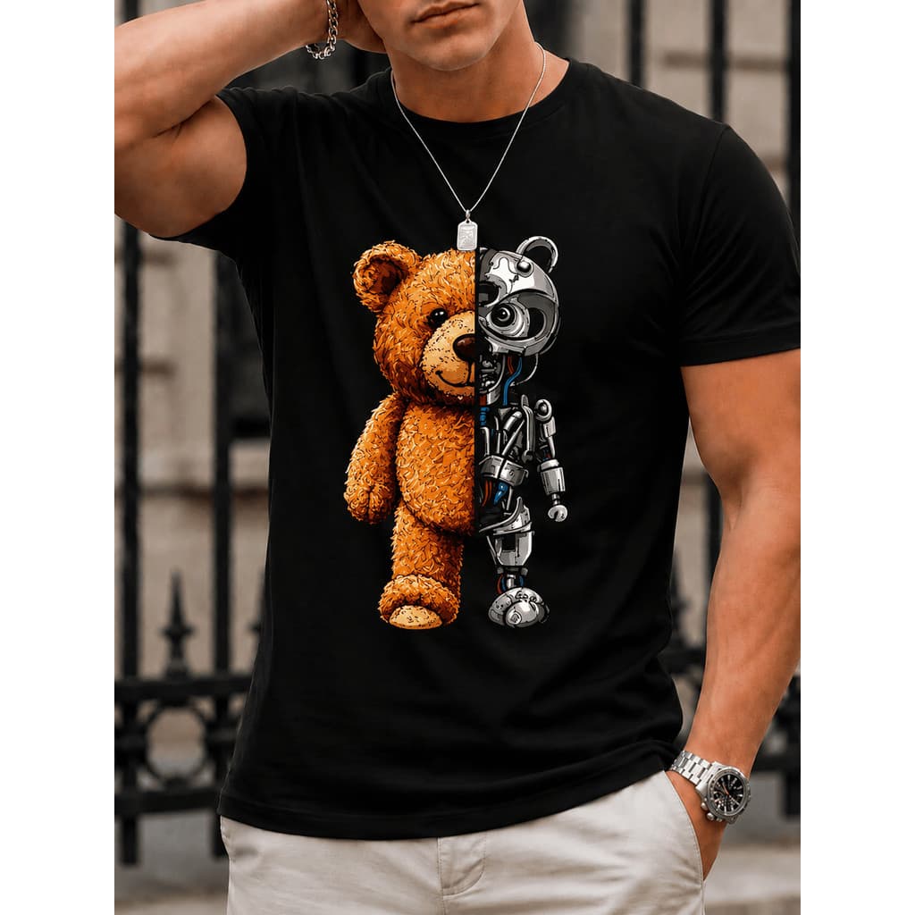 Camisa Masculina Básica Urso Robô Camiseta Algodão Malha Premium 30.1