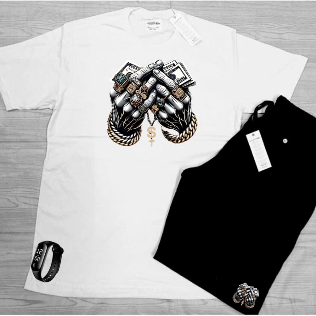 Kit Verão Bermuda e Camiseta algodão caminhada academia produto qualidade MAO GANGSTER DOLAR mais RELOGIO DIGITAL