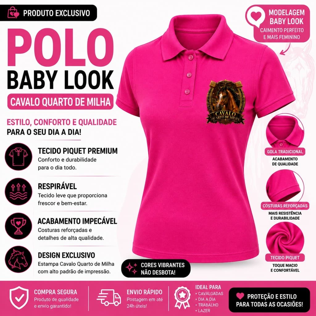 Camisa Polo Feminina Baby Look Cavalo Quarto de Milha