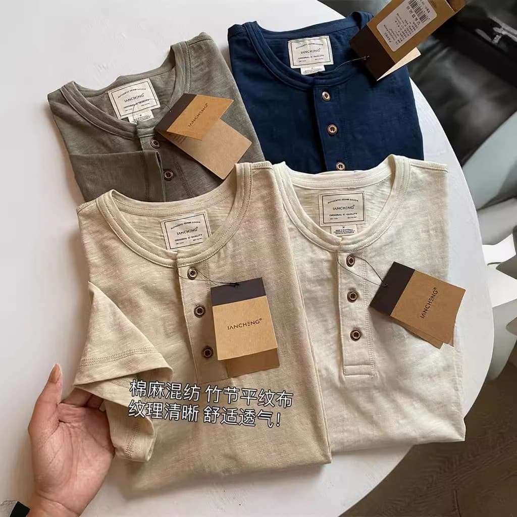 Wei Mao Único Slub Algodão + Linho Verão Masculino Estilo Fino Respirável Cor Sólida Henry Collar Cara Resistente Casual