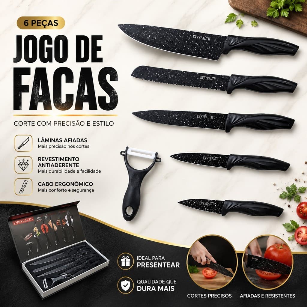 Jogo De Facas Gourmet  Kit 6pçs Cozinha Moderna Cabo Cor Preto Laminas Aço Inoxidável