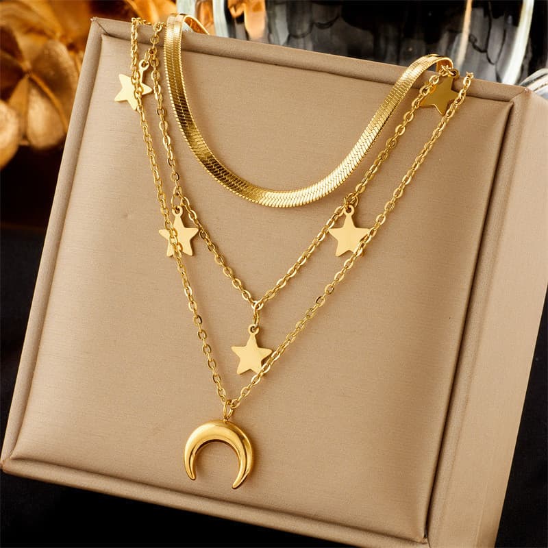 Colar Elegante e Romântico de Aço Inoxidável com Pingente de Lua e Estrela, Corrente Multicamadas, Joia Feminina, Presen