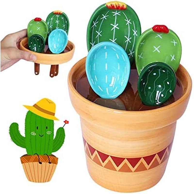 Conjunto De Colheres Medidoras De Cacto Em Panela , Lindas E Copos Medidores De Cerâmica , Colher De Cactos De Cozinha C
