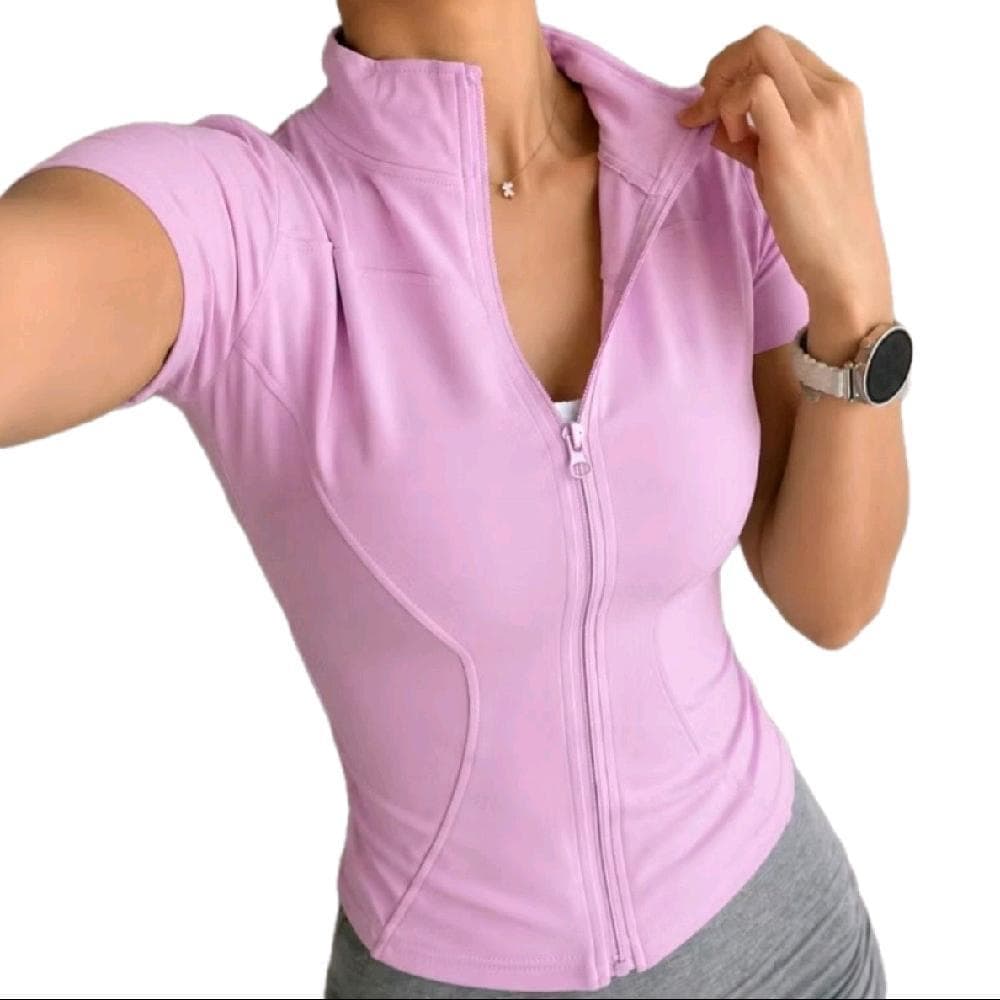 Camiseta feminina Skinny com zíper para ioga, secagem rápida, estilo esportivo, manga curta, gola alta, estilo Fit