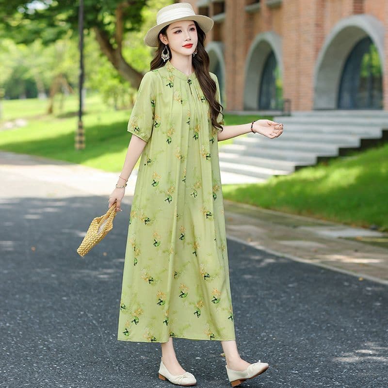 Mãe estilo chinês de meia-idade novo estilo vestido tamanho grande Floral meia-idade idosos algodão seda longo esqui