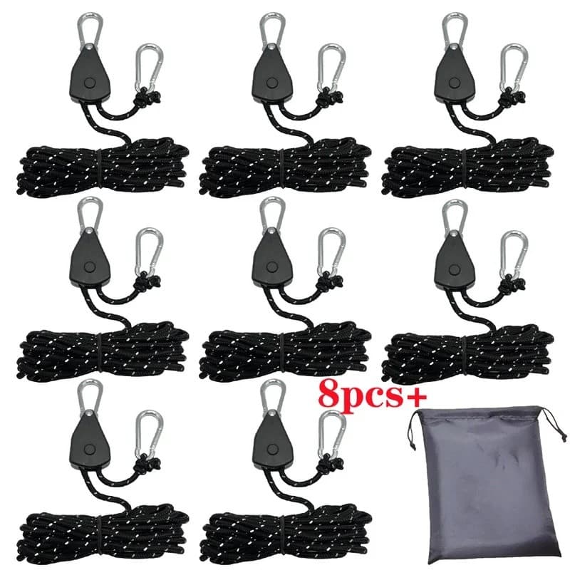 8 Peças de Corda de Camping de 4m com Fivela Ajustável, Polia, Tensor, Gancho de Catraca para Fixação de Luzes, Toldo de
