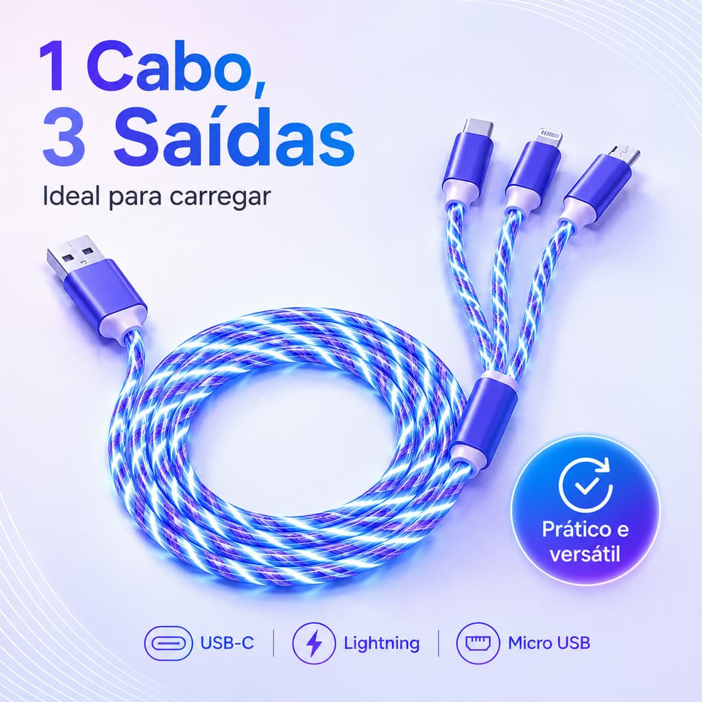 Cabo de dados LED 6A carregamento rápido 3 em 1 compatível com sistemas Android Type-C Micro-USB e iOS