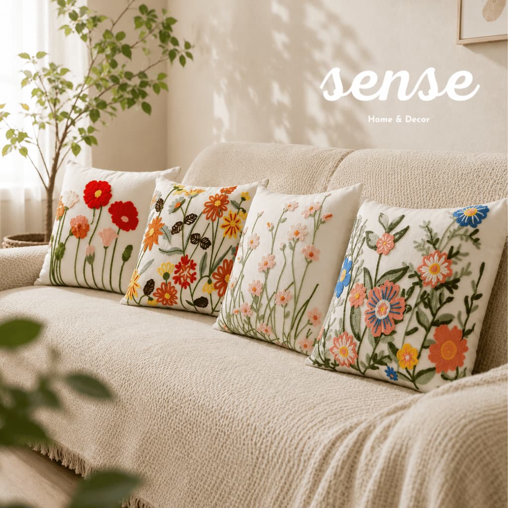 Capa de Almofada Floral Bordada Algodão e Poliéster 45x45cm, Estilo Decorativo para Sofá